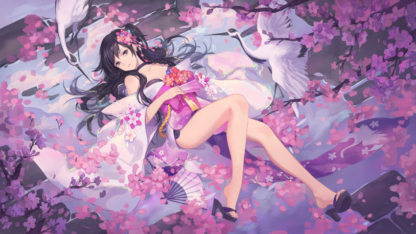 1girl bangs bare_shoulders bird cherry_blossoms closed_mouth collarbone criin_(659503) feet hair_ornament highres japanese_clothes kanzashi kimono knee_up legs light_smile long_hair looking_at_viewer lying obi on_back one_side_up original outdoors petals platform_clogs pond purple_kimono reflection sandals sash smile solo thighs toes tsurime water