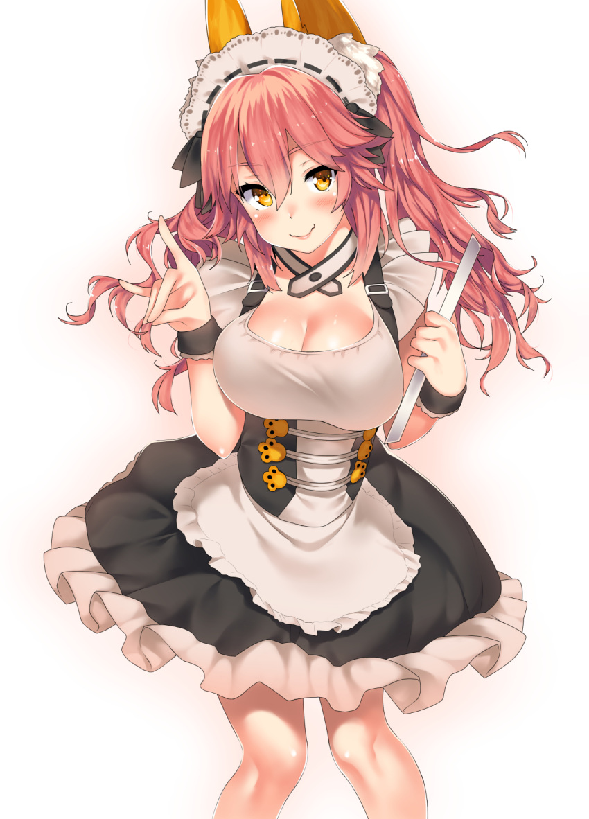 10s 1girl animal_ears black_dress blush breasts cleavage closed_mouth dress fate/extra fate_(series) fox_ears fox_shadow_puppet hands_up highres kawai large_breasts long_hair looking_at_viewer maid maid_headdress pink_hair smile solo tamamo_(fate)_(all) tamamo_no_mae_(fate) tsurime yellow_eyes