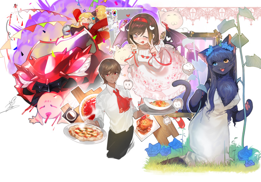 1boy 3girls :3 :d :p absurdres animal_ears arms_up ascot bat_wings blonde_hair blood blue_eyes blue_fur brown_hair car car_crash cat_ears cat_tail closed_eyes crash dark_skin dark_skinned_male double_v dress flower food frilled_skirt frills furry grey_eyes ground_vehicle hair_flower hair_ornament hairband heart heterochromia highres holding holding_branch holding_plate kneeling leaf long_sleeves looking_at_viewer meat motor_vehicle multiple_girls one_eye_closed one_side_up open_mouth original pasta paws pizza plate pom_pom_(clothes) red_ascot shirt skirt smile table tail tongue tongue_out v white_dress white_shirt wings wntame yellow_eyes