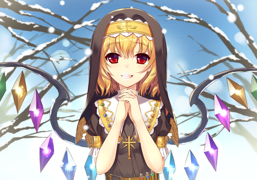 1girl absurdres akanebi alternate_costume bare_tree belt blonde_hair blue_sky breath brown_dress cold cross cross_necklace day dress flandre_scarlet gem hands_together highres hood interlocked_fingers jewelry looking_at_viewer necklace nun open_mouth outdoors puffy_short_sleeves puffy_sleeves red_eyes short_hair short_sleeves sky smile snow snowing solo test_tube touhou tree upper_body wings winter