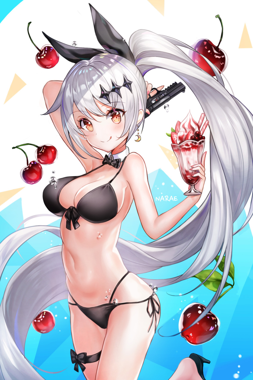 1girl :q artist_name bangs bikini black_bikini blush breasts brown_eyes cherry closed_mouth cowboy_shot cup eyebrows_visible_through_hair five-seven_(girls_frontline) food fruit girls_frontline gun hair_ornament handgun highres holding holding_cup holding_gun holding_weapon large_breasts long_hair looking_at_viewer narae navel pistol ponytail sidelocks signature smile solo swimsuit tongue tongue_out trigger_discipline very_long_hair weapon