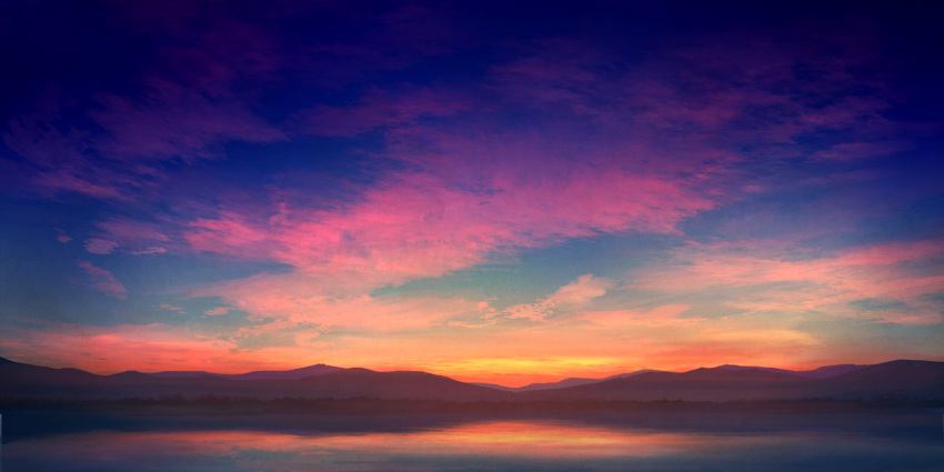 blue_sky clouds cloudy_sky gradient_sky highres horizon lake mks mountain mountainous_horizon no_humans original outdoors red_sky reflection scenery sky sunset