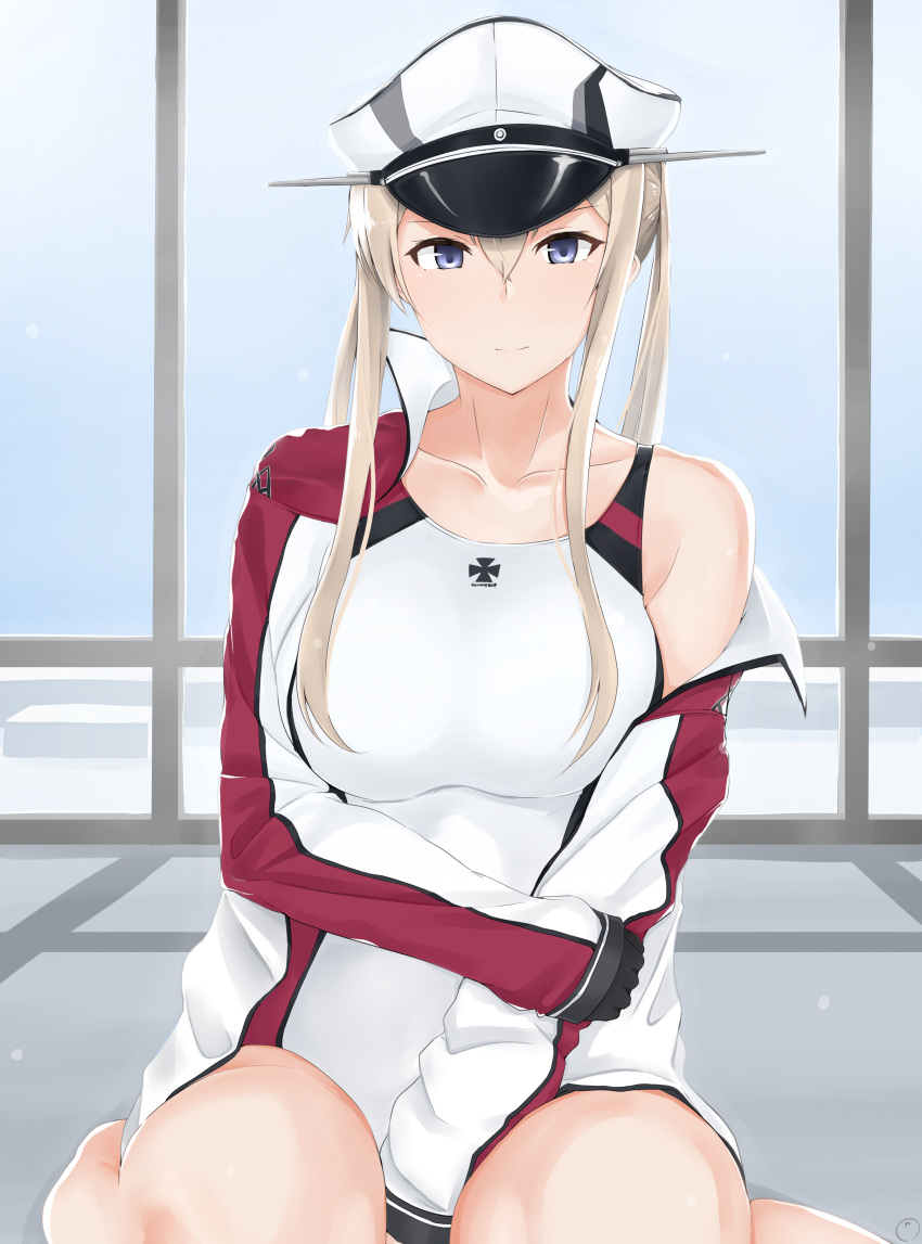 10s 1girl absurdres adapted_costume black_gloves blonde_hair blue_eyes breasts collarbone competition_swimsuit gloves graf_zeppelin_(kantai_collection) hair_between_eyes hand_on_arm hat highres indoors iron_cross jacket kantai_collection kneeling large_breasts light_smile long_hair long_sleeves looking_at_viewer maruya1006 military_hat off_shoulder one-piece_swimsuit peaked_cap sidelocks solo swimsuit swimsuit_under_clothes tsurime twintails undressing white_hat white_jacket white_swimsuit