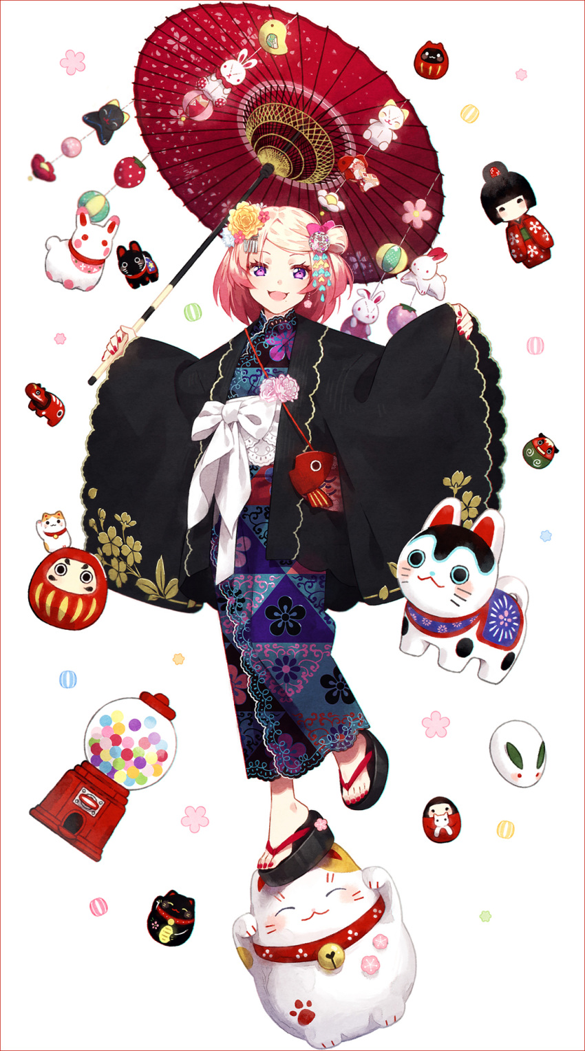 1girl daruma_doll doll doyagao flower full_body geta hair_flower hair_ornament hakusai_(tiahszld) highres holding holding_umbrella japanese_clothes kimono long_sleeves looking_at_viewer mole mole_under_mouth nail_polish no_socks obi open_mouth oriental_umbrella original pink_eyes pink_hair red_nails sash short_hair smile smug solo standing standing_on_one_leg toenail_polish umbrella violet_eyes white_background wide_sleeves