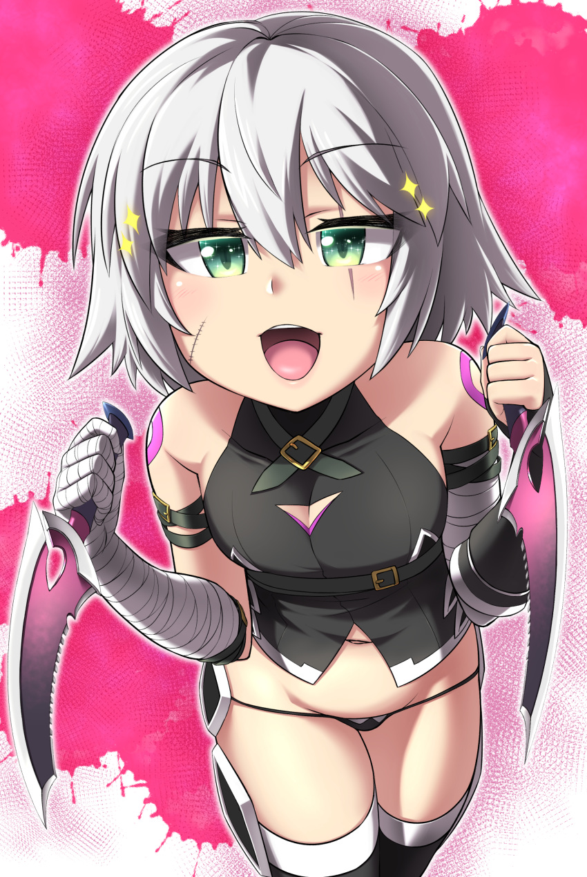 1girl absurdres assassin_of_black bandage bandaged_arm bare_shoulders black_legwear black_panties blush close-up dual_wielding fate/apocrypha fate/grand_order fate_(series) gloves green_eyes highres kirisame_mia knife looking_at_viewer navel open_mouth panties scar short_hair silver_hair smile solo sparkle sparkling_eyes thigh-highs underwear