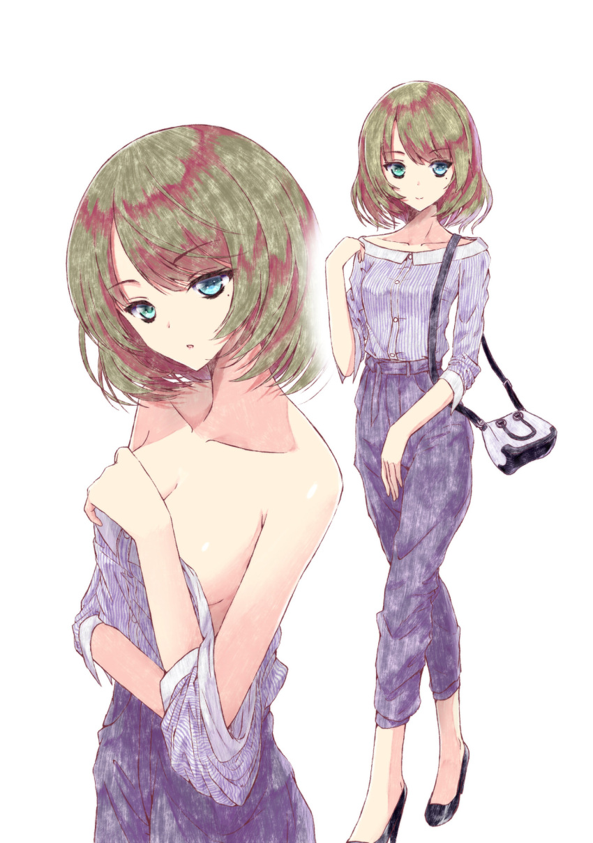 1girl aramachi blue_eyes blue_pants breasts cleavage collarbone eyebrows_visible_through_hair full_body green_eyes green_hair heterochromia high-waist_pants high_heels highres idolmaster idolmaster_cinderella_girls idolmaster_cinderella_girls_starlight_stage looking_at_viewer medium_breasts mole mole_under_eye pants parted_lips shiny shiny_skin shirt short_hair sideboob simple_background smile solo standing striped striped_shirt takagaki_kaede undressing vertical-striped_shirt vertical_stripes white_background