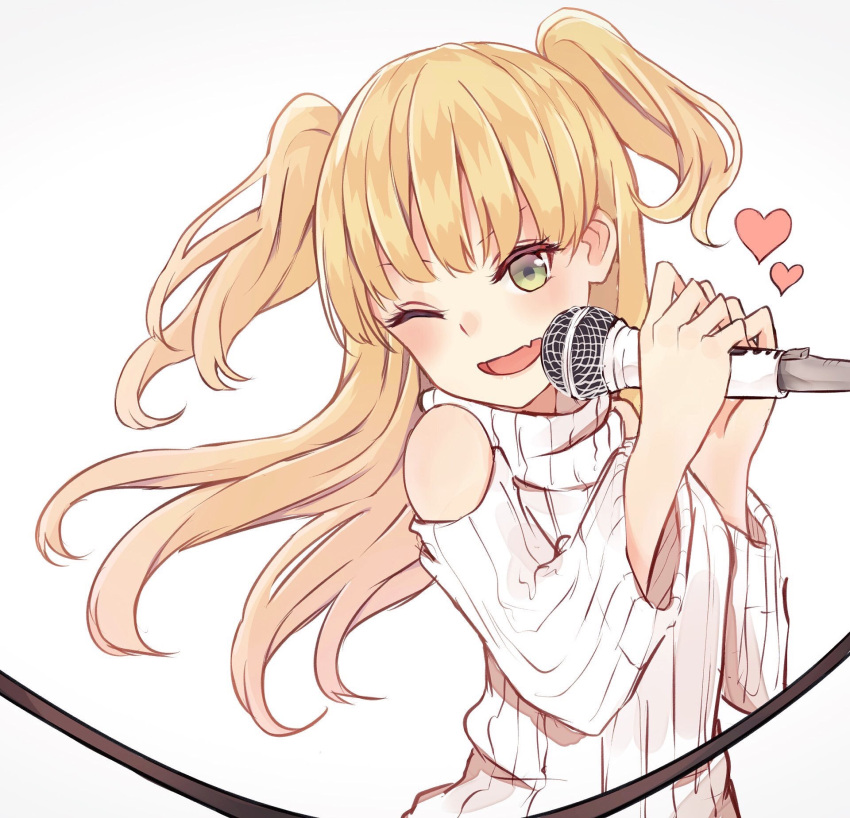 1girl ;d blonde_hair blush green_eyes heart highres idolmaster idolmaster_cinderella_girls jougasaki_rika long_hair looking_at_viewer microphone one_eye_closed open_mouth sagusa_(link_041) smile solo sweater turtleneck turtleneck_sweater two_side_up white_sweater