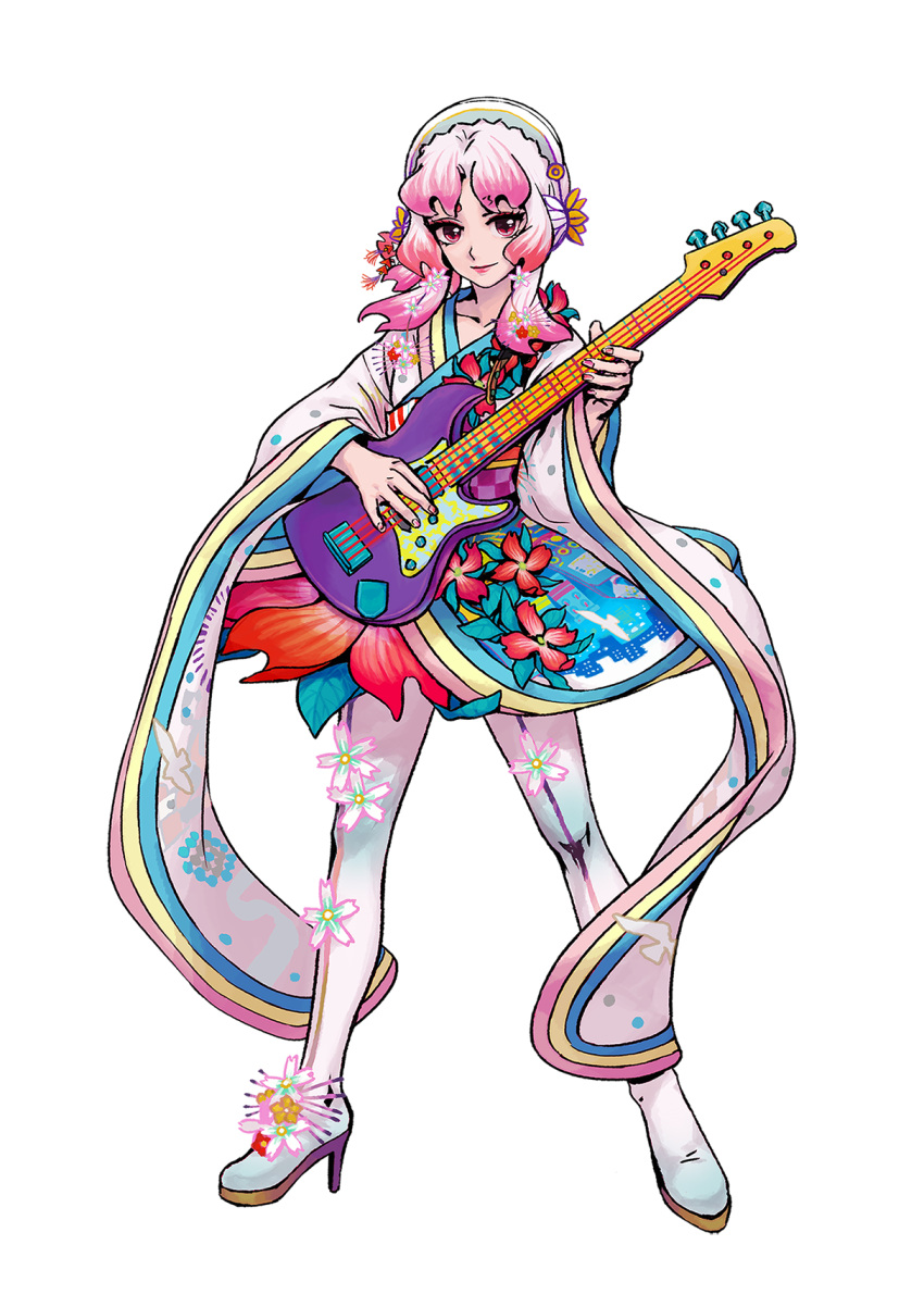 1girl boots electric_guitar flower full_body guitar high_heels highres instrument japanese_clothes looking_at_viewer music nail_polish petals pink_hair playing_instrument short_hair simple_background smile solo thigh-highs thigh_boots udon_(1udonoodle) vocaloid vy1 white_background white_boots wide_sleeves