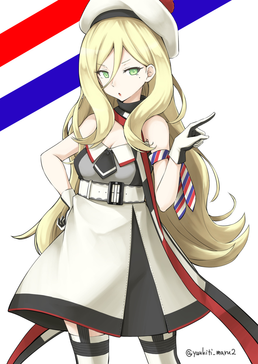 10s 1girl armband bare_shoulders belt beret blonde_hair cowboy_shot dress garter_straps gloves hair_between_eyes hand_on_hip hat highres kantai_collection long_hair looking_at_viewer mole mole_under_eye multicolored multicolored_clothes multicolored_scarf pointing pom_pom_(clothes) richelieu_(kantai_collection) scarf solo thigh-highs twitter_username white_gloves white_legwear yellow_eyes yuuki_kazuhito