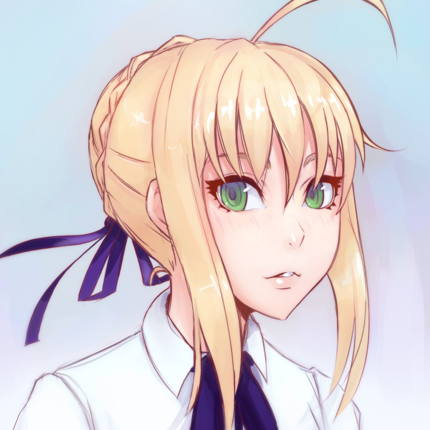 1girl ahoge artoria_pendragon_(all) bangs blue_background blue_ribbon blush braid face fate/stay_night fate_(series) green_eyes hair_between_eyes hair_bun highres looking_at_viewer neck_ribbon parted_lips portrait ribbon saber shirt short_hair_with_long_locks simple_background solo unsomnus white_shirt