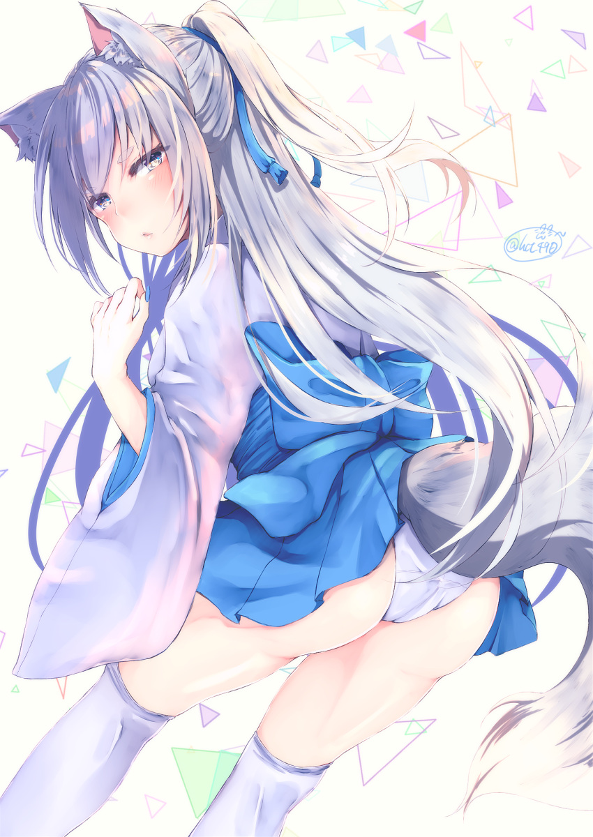 1girl animal_ears ass bangs blue_hakama blue_nails blush bow chita_(ketchup) eyebrows_visible_through_hair fingernails fox_ears fox_girl fox_tail from_behind grey_eyes hair_ribbon hakama highres japanese_clothes kimono leaning_forward long_hair looking_at_viewer looking_back miko nail_polish one_side_up original panties pantyshot pantyshot_(standing) parted_lips ribbon signature silver_hair solo standing tail thick_eyebrows thigh-highs triangle twitter_username underwear white_background white_legwear white_panties wide_sleeves