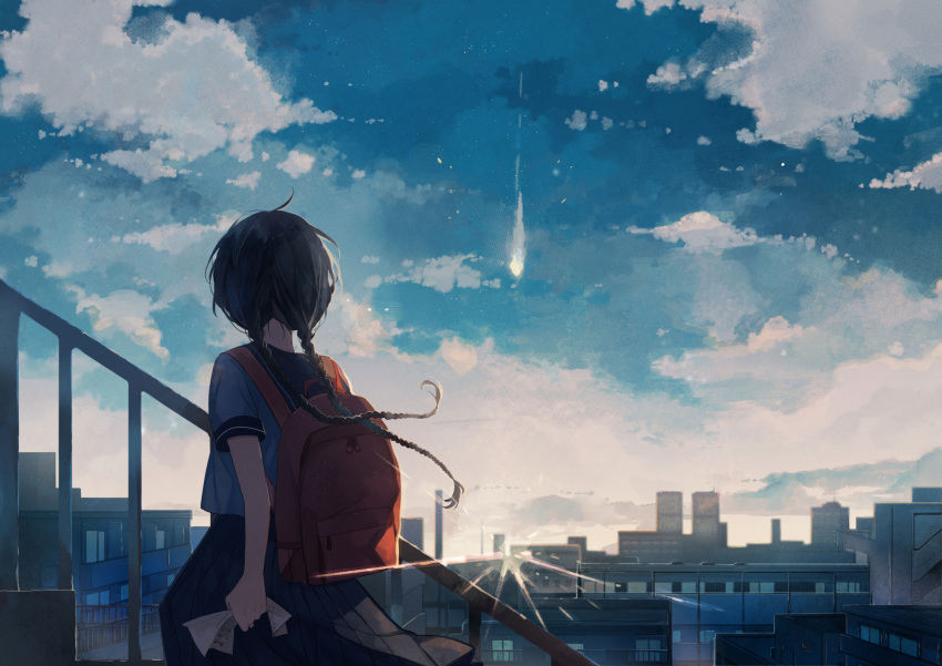 1girl backpack bag black_hair black_skirt blue_shirt blue_sky braid city cityscape clouds cloudy_sky day facing_away from_behind highres holding holding_paper long_hair meteorite_(object) original outdoors paper railing shirt short_sleeves skirt sky solo stairs standing sunlight tatsumi3 twin_braids