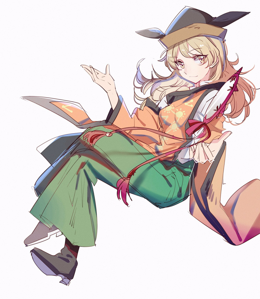 1girl aibivy bangs blonde_hair closed_mouth detached_sleeves eyebrows_visible_through_hair full_body green_skirt grey_background hat highres long_hair long_sleeves looking_at_viewer matara_okina shoes simple_background skirt smile solo tabard touhou white_background wide_sleeves yellow_eyes