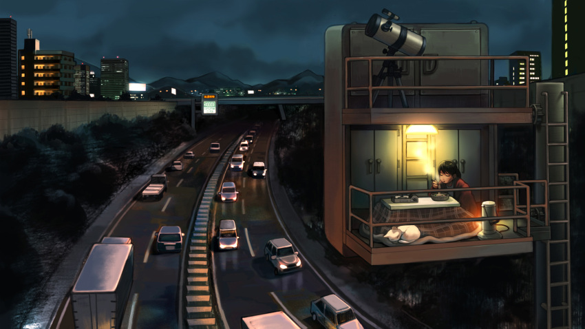 1girl black_hair building car cat chopsticks closed_eyes commentary_request eating food ground_vehicle heater highres hill holding kotatsu ladder light motor_vehicle night nishimawari noodles original outdoors overpass ponytail road sign sitting steam table telescope truck white_cat