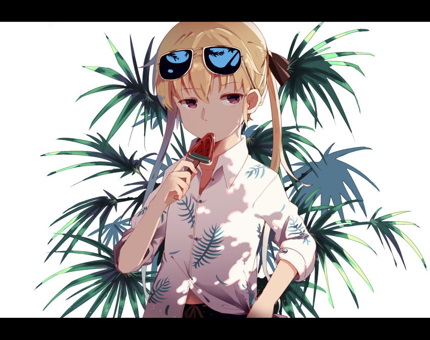 1girl alice_(openhexagon) black_ribbon blonde_hair brown_eyes collarbone collared_shirt eyebrows_visible_through_hair eyewear_on_head food hair_ribbon hawaiian_shirt highres kill_me_baby letterboxed long_hair looking_at_viewer popsicle ribbon shirt solo sonya_(kill_me_baby) sunglasses twintails upper_body watermelon_bar