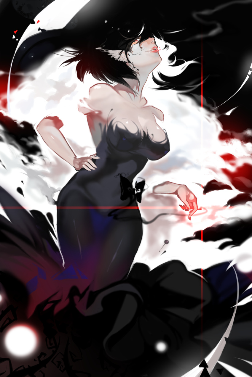 1girl absurdres animal_ears bangs black_dress breasts dress erect_nipples fantasy fog from_side hair_over_one_eye hand_on_hip highres large_breasts long_hair looking_at_viewer looking_to_the_side magic original parted_lips red_eyes red_lips smile solo standing wntame