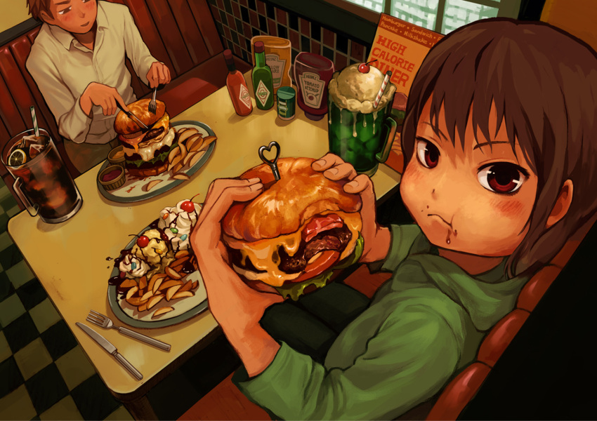 :t bacon blush bottle brown_eyes brown_hair checkered checkered_floor cheese cherry closed_mouth cola collared_shirt commentary_request diner drinking_straw eating english food food_on_face fork french_fries from_above fruit glass green_hoodie hamburger highres holding holding_food holding_fork holding_knife hood hoodie ice ice_cream ice_cream_float ice_cube indoors ketchup ketchup_bottle knife lemon lemon_slice lettuce long_sleeves looking_at_viewer menu mustard nishimawari original pants parted_lips plate red_eyes shirt short_hair sitting smile tabasco table tile_wall tiles tomato wavy_mouth white_shirt wing_collar