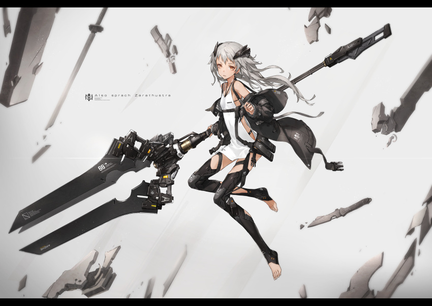1girl bangs bident black_legwear breasts brown_eyes commentary full_body grey_hair headgear highres holding holding_weapon jacket letterboxed load_bearing_equipment long_hair looking_at_viewer neco open_clothes open_jacket original parted_lips polearm revision science_fiction skinny small_breasts solo thigh-highs toeless_legwear toes tsurime weapon yucca-612