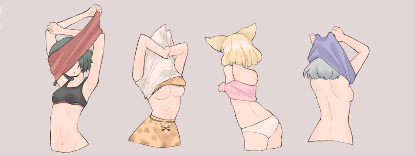 4girls absurdres animal_ears arms_up artist_request bare_back black_bra blonde_hair bra breasts commentary_request common_raccoon_(kemono_friends) cropped_legs cropped_torso fennec_(kemono_friends) fox_ears green_hair grey_background grey_hair highres kaban_(kemono_friends) kemono_friends medium_breasts multiple_girls no_bra panties print_bra print_skirt red_shoes serval_(kemono_friends) serval_print shirt shirt_over_head shoes short_hair sideboob simple_background skirt sports_bra under_boob underwear undressing upper_body white_panties white_shirt