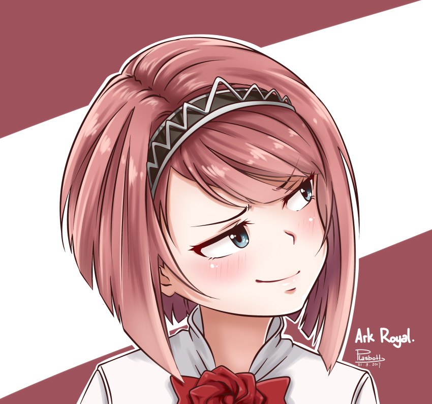 10s 1girl absurdres ark_royal_(kantai_collection) artist_name bangs blue_eyes blush bob_cut character_name dated eyebrows_visible_through_hair highres jacket kantai_collection looking_to_the_side multicolored multicolored_background plasbott portrait red_ribbon redhead ribbon smile smug solo tiara white_jacket