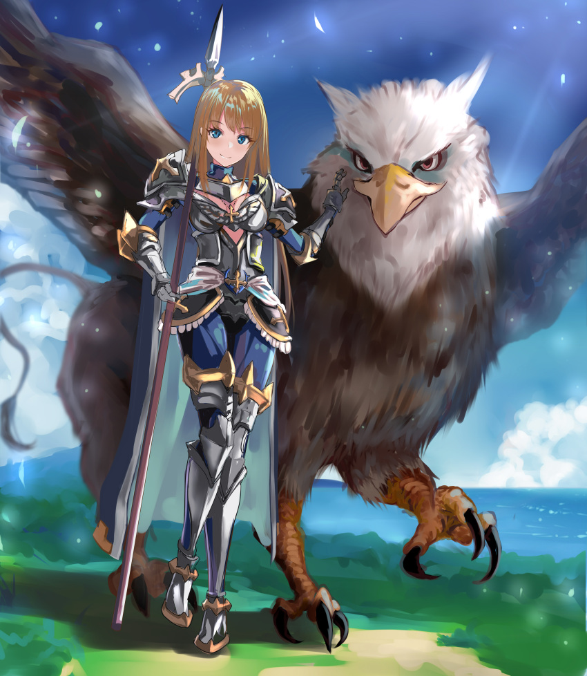1girl absurdres armor armored_boots bangs blonde_hair blue_cape blue_eyes blue_pants blue_shirt blue_sky blush boots breastplate cape closed_mouth clouds commentary_request cross cross_necklace day full_body gauntlets grass griffin gryphon_(ragnarok_online) highres holding holding_polearm holding_weapon horizon imperial_guard_(ragnarok_online) jewelry knight leg_armor long_hair looking_at_viewer necklace ocean outdoors pants pauldrons polearm ragnarok_online sail_(sail-away) shirt shoulder_armor sky smile spear water weapon