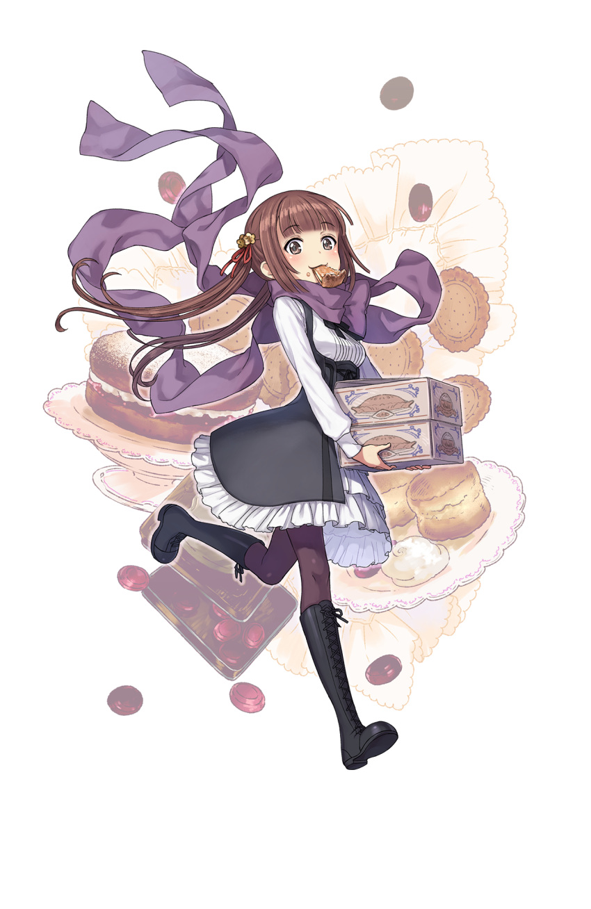 1girl black_footwear boots breasts brown_eyes brown_hair candy cookie cross-laced_footwear eating food full_body hair_ornament highres kisaragi_(princess_principal) long_hair looking_at_viewer mouth_hold official_art open_mouth princess_principal princess_principal_game_of_mission purple_legwear purple_scarf running scarf school_uniform skirt slice_of_pie small_breasts standing standing_on_one_leg sweets twintails white_skirt