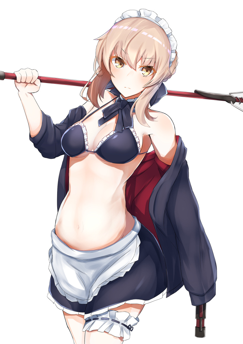 &gt;:| 1girl artoria_pendragon_(all) artoria_pendragon_(swimsuit_rider_alter)_(fate) blonde_hair breasts cleavage fate/grand_order fate_(series) garter_straps glaring groin highres jacket_on_shoulders maid_bikini maid_headdress medium_breasts mop nanakaku navel saber_alter side_ponytail solo under_boob white_background yellow_eyes