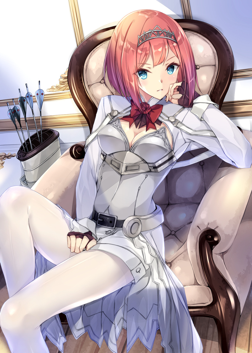 10s 1girl ark_royal_(kantai_collection) belt belt_buckle black_belt blue_eyes bob_cut breasts brown_gloves buckle commentary_request corset fingerless_gloves flower gloves hairband head_out_of_frame highres kantai_collection kobayashi_chisato long_sleeves looking_at_viewer medium_breasts pantyhose quiver red_ribbon red_rose redhead ribbon rigging rose short_hair sitting smokestack solo tiara white_corset white_legwear