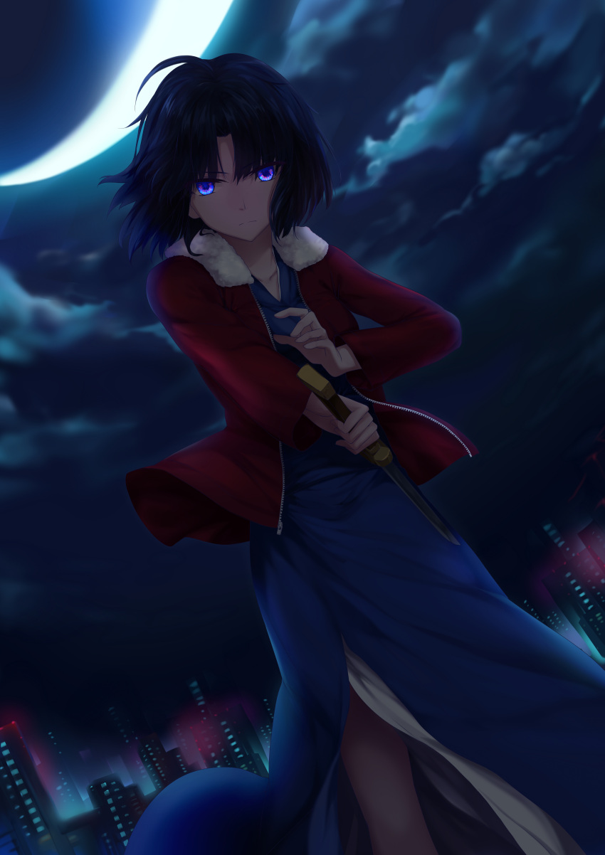 1girl absurdres black_hair blue_eyes blue_kimono clouds collarbone dutch_angle highres holding holding_knife jacket japanese_clothes kara_no_kyoukai kimono knife looking_at_viewer misaka76 moon night open_clothes open_jacket outdoors red_jacket ryougi_shiki short_hair sky solo standing unzipped