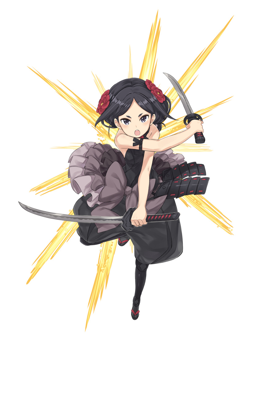 1girl armband black_eyes black_hair black_legwear crossed_arms dual_wielding fighting_stance flower full_body hair_flower hair_ornament highres holding holding_sword holding_weapon katana looking_at_viewer official_art princess_principal princess_principal_game_of_mission short_hair solo sword toudou_chise weapon