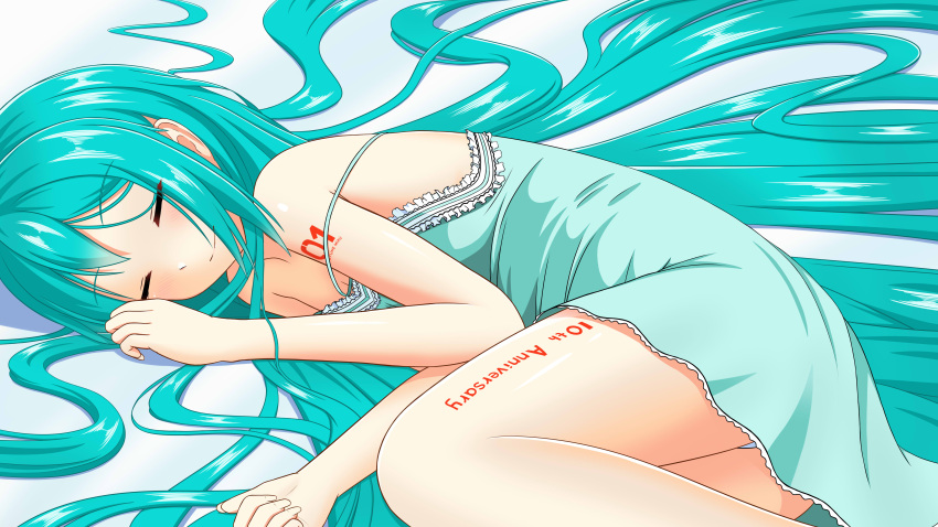 1girl absurdres anniversary aqua_hair closed_eyes hair_down hatsune_miku highres long_hair lying on_side sleeping solo strap_slip very_long_hair vocaloid