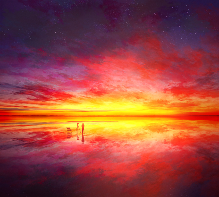 1boy camera chair clouds cloudy_sky commentary_request gradient_sky mks original outdoors red_sky reflection scenery sky solo standing standing_on_liquid star_(sky) starry_sky sunset tripod water_surface yellow_sky