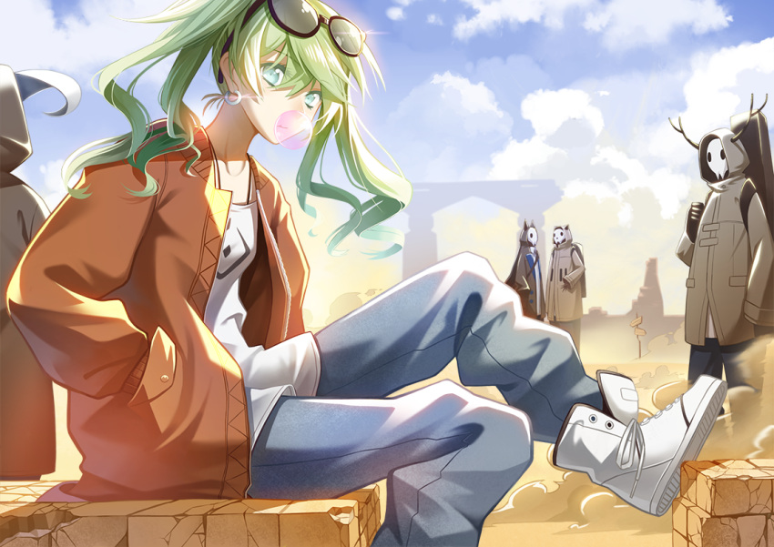 1girl bubble_blowing chewing_gum cross_akiha earrings glasses_on_head green_eyes green_hair hatsune_miku jewelry long_hair looking_at_viewer sitting solo_focus suna_no_wakusei_(vocaloid) twintails vocaloid