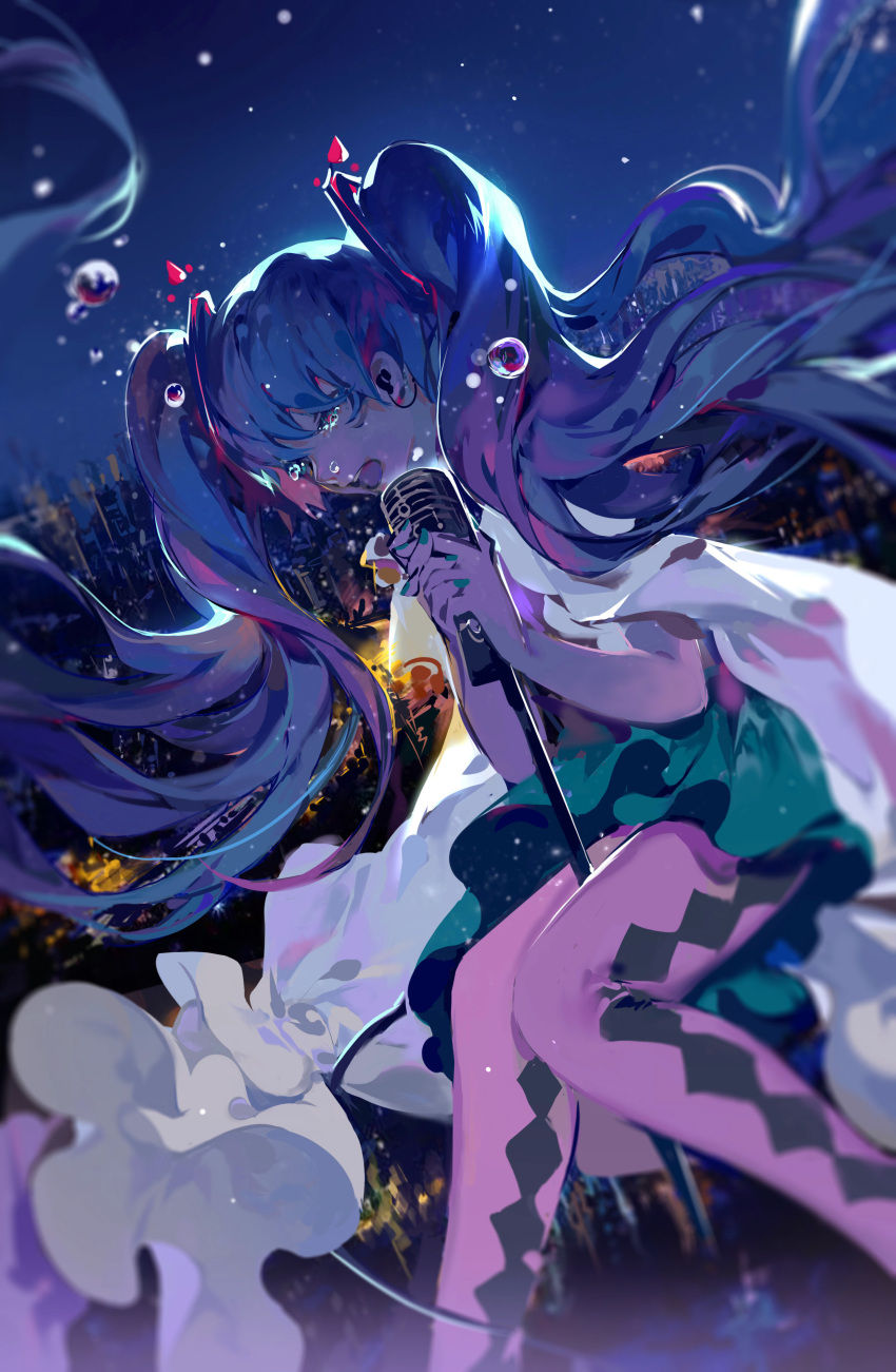 1girl absurdres alternate_costume aqua_dress argyle argyle_legwear bangs bare_arms blue_hair blurry building cable cape city_lights cityscape crying crying_with_eyes_open depth_of_field dress dutch_angle earphones earphones falling floating_hair flying_teardrops graphite_(medium) hatsune_miku highres holding holding_microphone knees_together_feet_apart long_hair microphone microphone_stand mixed_media music nail_polish night night_sky open_mouth outdoors pink_legwear short_dress singing sketch sky skyscraper solo star_(sky) tears teeth thigh-highs traditional_media twintails twosheep very_long_hair vocaloid white_cape