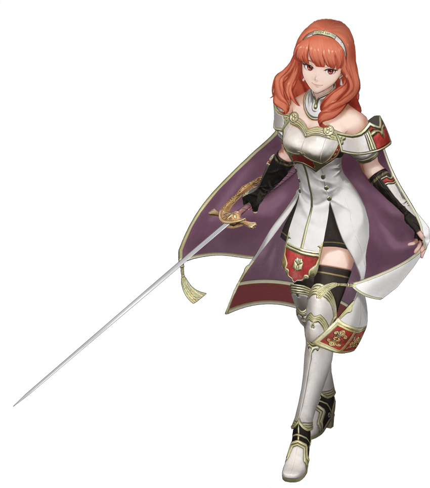 1girl arm_guards armor bangs bare_shoulders black_legwear breastplate cape celica_(fire_emblem) detached_collar earrings fingerless_gloves fire_emblem fire_emblem_echoes:_mou_hitori_no_eiyuuou fire_emblem_musou full_body gloves hair_ornament highres holding holding_sword holding_weapon jewelry official_art red_eyes redhead skirt solo sword thigh-highs tiara transparent_background weapon zettai_ryouiki