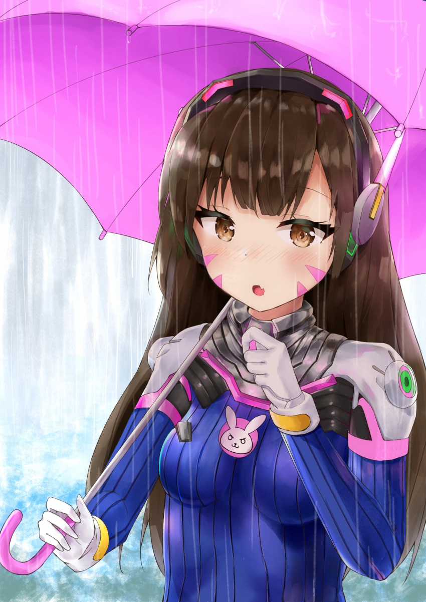 1girl animal_print bangs blue_bodysuit bodysuit breasts brown_eyes brown_hair bunny_print d.va_(overwatch) facepaint facial_mark gloves headphones high_collar highres holding holding_umbrella long_hair looking_at_viewer medium_breasts open_mouth outdoors overwatch pilot_suit racchi. rain ribbed_bodysuit shoulder_pads skin_tight solo swept_bangs umbrella upper_body whisker_markings white_gloves