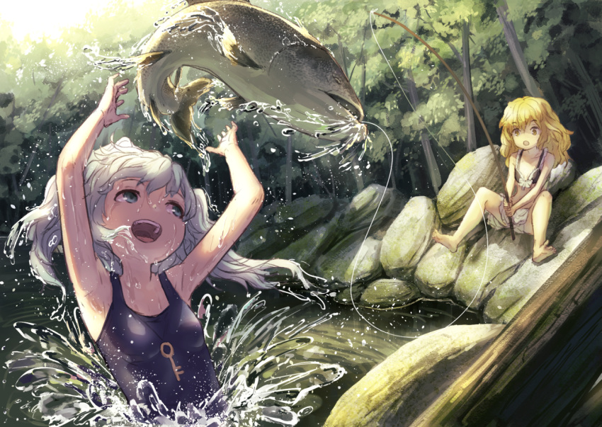 2girls :d :o alternate_costume bionekojita black_bra blonde_hair bloomers blue_eyes bra day eyebrows_visible_through_hair fish fishing fishing_line forest hands_up kawashiro_nitori key kirisame_marisa long_hair looking_at_another looking_up multiple_girls nature no_hat no_headwear one-piece_swimsuit open_mouth outdoors short_hair silver_hair sitting_on_rock smile swimsuit teeth touhou two_side_up underwear underwear_only water_drop wet wet_hair yellow_eyes