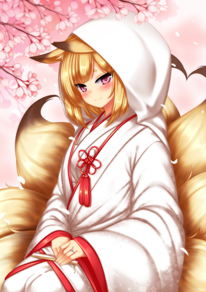 1girl animal_ears blonde_hair blush bride cherry_blossoms commentary_request fan folding_fan fox_ears fox_tail hands_together heart heart_tail highres hood japanese_clothes jewelry kayou_(sennen_sensou_aigis) kimono looking_at_viewer multiple_tails pink_eyes playjoe2005 ring sennen_sensou_aigis short_hair smile solo tail uchikake wedding_ring
