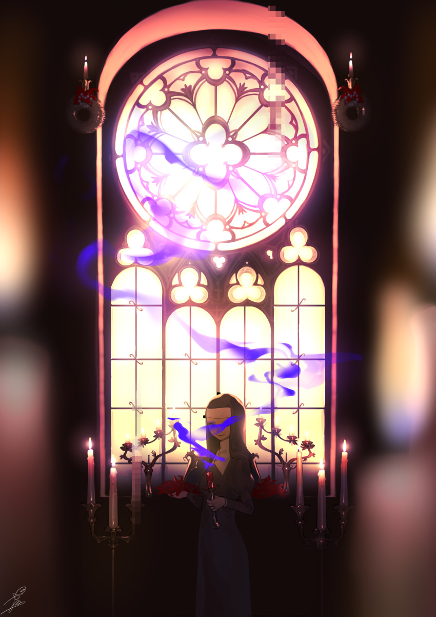1girl absurdres black_dress candle church church_interior dark day dress from_side headdress highres holding incense indoors long_sleeves looking_at_viewer nun original signature smile smoke solo standing sunlight window wntame