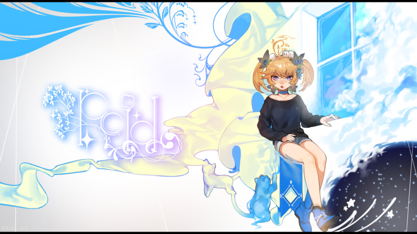 1girl :o ahoge bare_shoulders black_shirt blonde_hair blue_footwear blue_neckwear boots cat choker denim denim_shorts earrings flower hair_flower hair_ornament highres jewelry long_sleeves looking_at_viewer open_mouth original shirt short_shorts shorts sitting solo twintails violet_eyes wntame