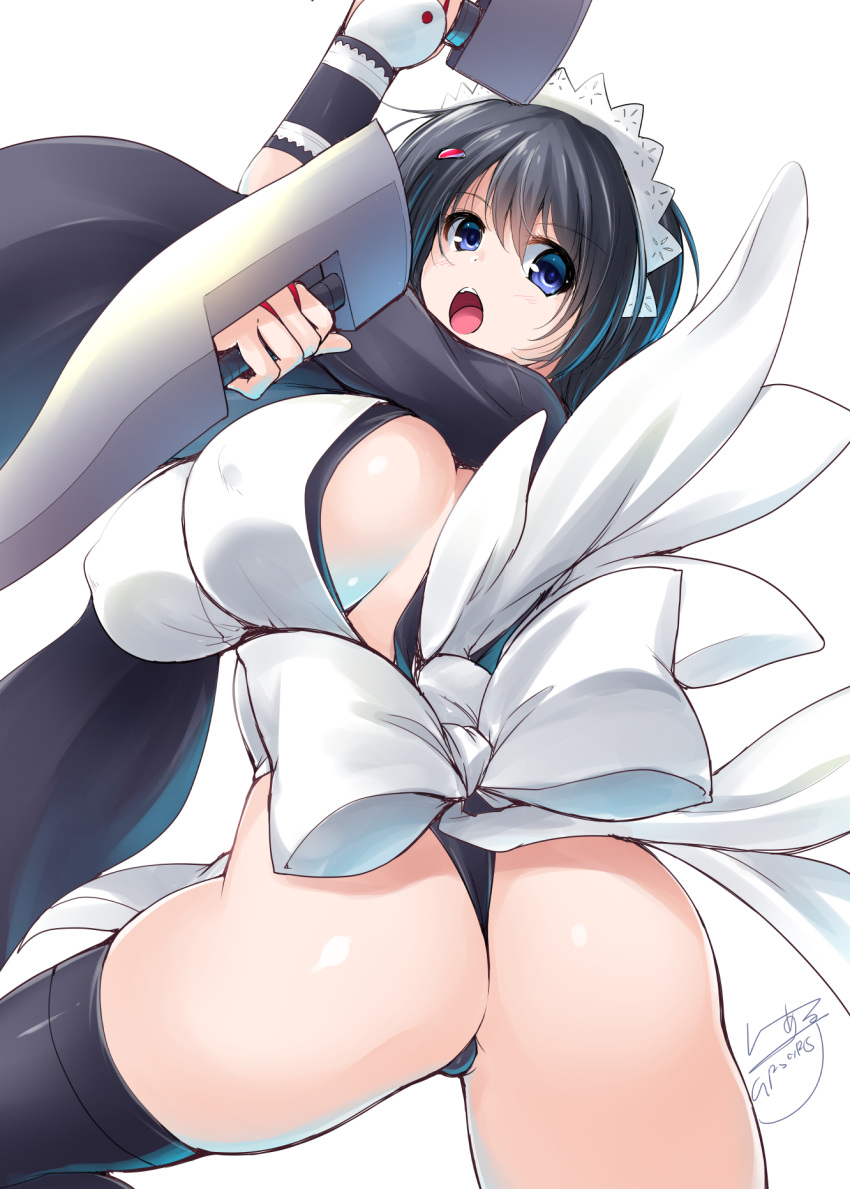 1girl ass black_hair black_legwear blue_eyes breasts c.r. cleavage hair_ornament highres huge_breasts iroha_(samurai_spirits) japanese_clothes large_breasts maid maid_headdress open_mouth samurai_spirits short_hair sideboob solo thigh-highs weapon