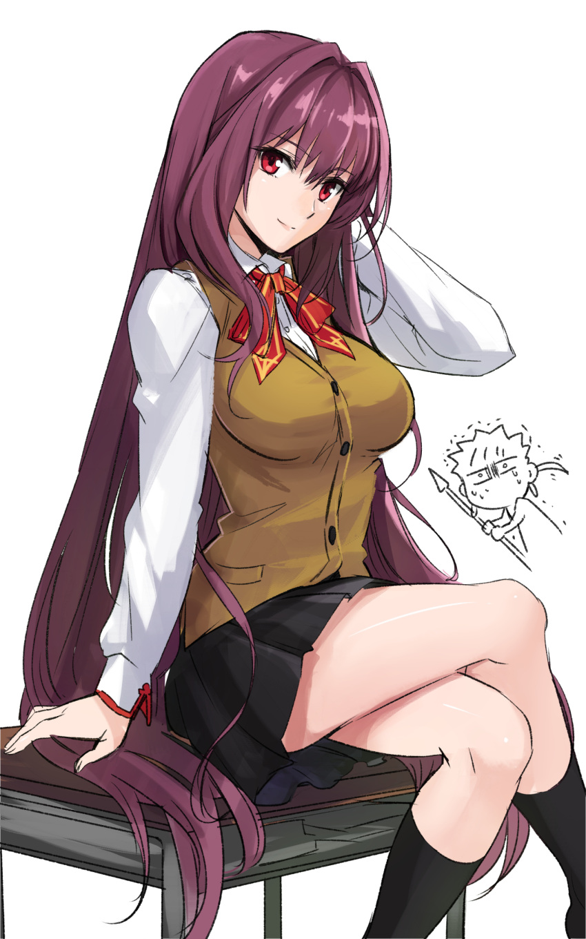 1boy 1girl absurdres blush book breasts chibi_inset commentary_request fate/grand_order fate/stay_night fate_(series) gae_bolg highres lancer large_breasts legs legs_crossed long_hair looking_at_viewer on_table polearm purple_hair red_eyes scathach_(fate/grand_order) school_uniform shimo_(s_kaminaka) sitting smile solo_focus spear table very_long_hair weapon