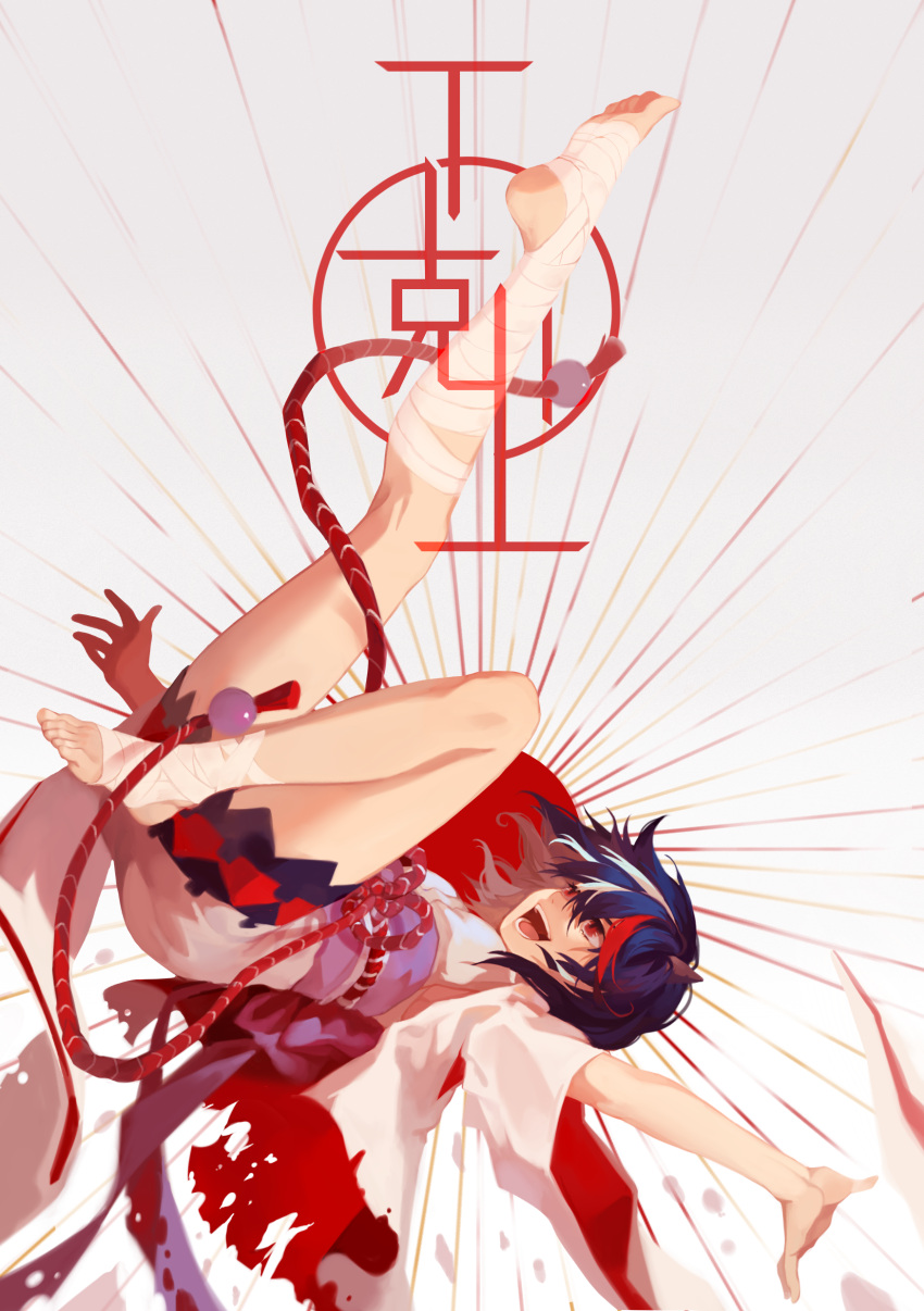 1girl :d absurdres ball bangs bent_knee black_hair bow breasts falling floating_hair full_body grey_background harrymiao highres horns kijin_seija kouhaku_nawa leg_up multicolored_hair obi open_mouth outstretched_arms purple_bow red_eyes redhead rope sash short_hair small_breasts smile solo spread_arms streaked_hair tagme teeth tongue torn_clothes touhou upside-down white_hair wide_sleeves