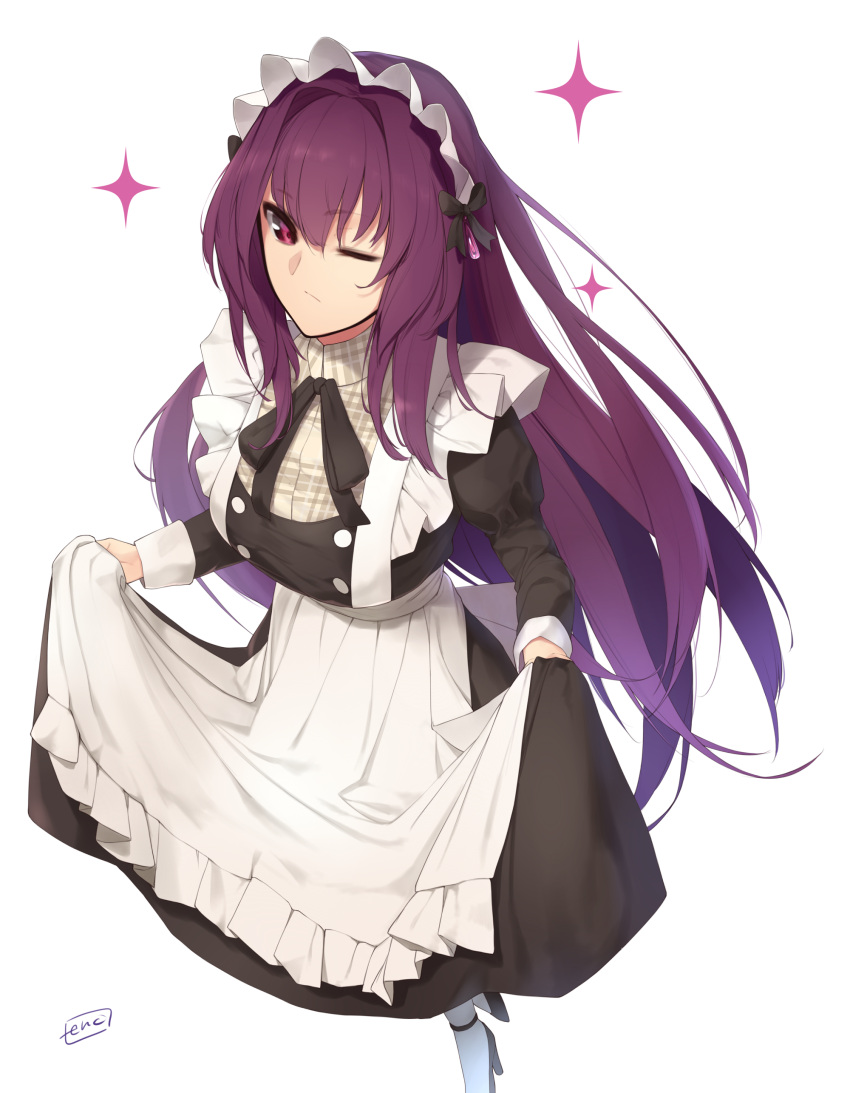 1girl absurdres alternate_costume artist_name bangs black_bow blush bow breasts closed_mouth enmaided enosan eyebrows_visible_through_hair fate/grand_order fate_(series) hair_bow hair_intakes high_heels highres juliet_sleeves large_breasts long_hair long_sleeves looking_at_viewer maid maid_headdress pantyhose puffy_sleeves purple_hair scathach_(fate/grand_order) sidelocks signature simple_background solo standing very_long_hair violet_eyes white_background white_legwear