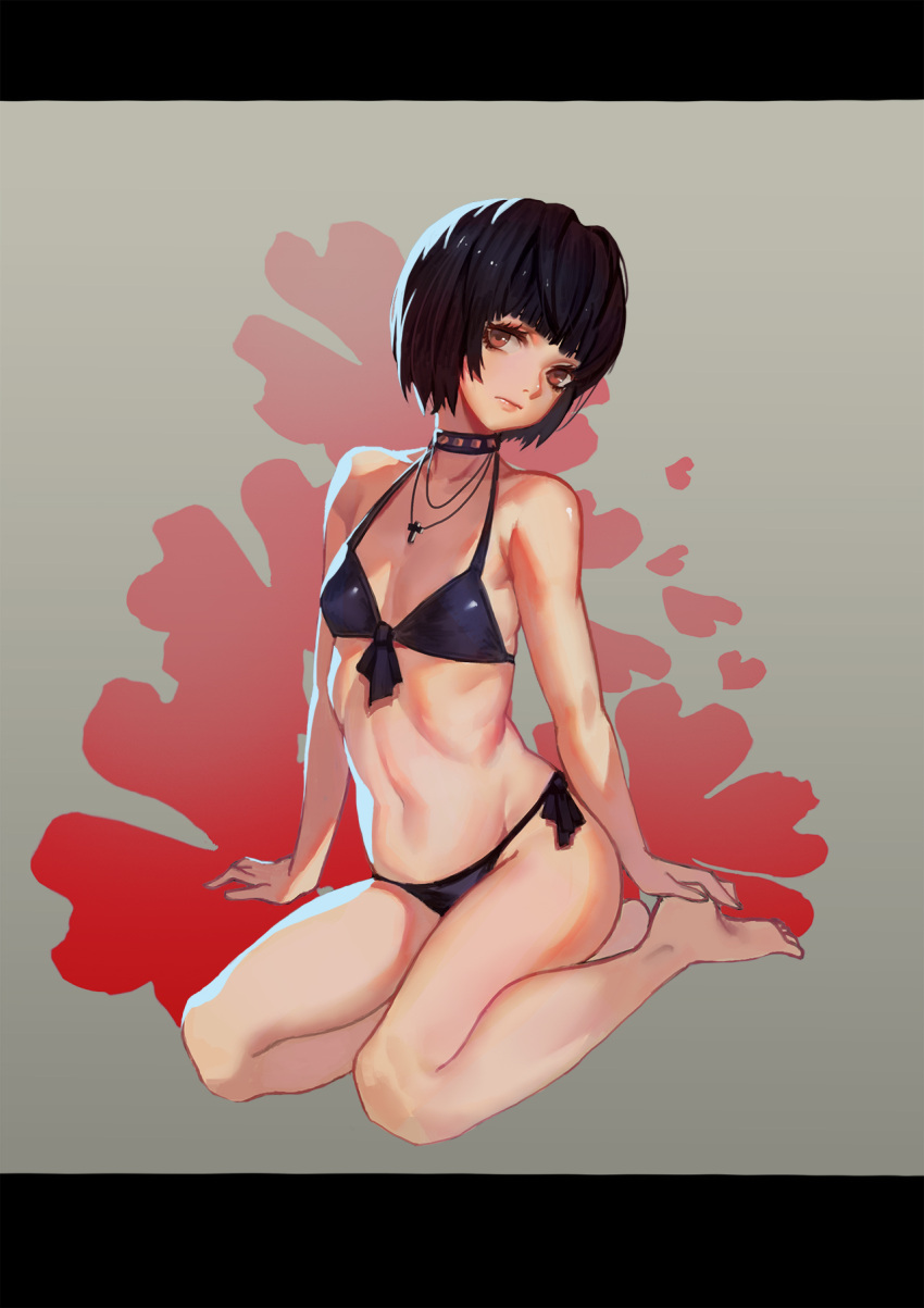 10s 1girl bangs bare_legs barefoot bikini black_hair blunt_bangs breasts brown_eyes choker closed_mouth front-tie_bikini front-tie_top full_body gradient gradient_background highres jewelry letterboxed lips looking_at_viewer navel necklace persona persona_5 ray_(nagaseray) ribs short_hair side-tie_bikini simple_background sitting small_breasts solo swimsuit takemi_tae yokozuwari