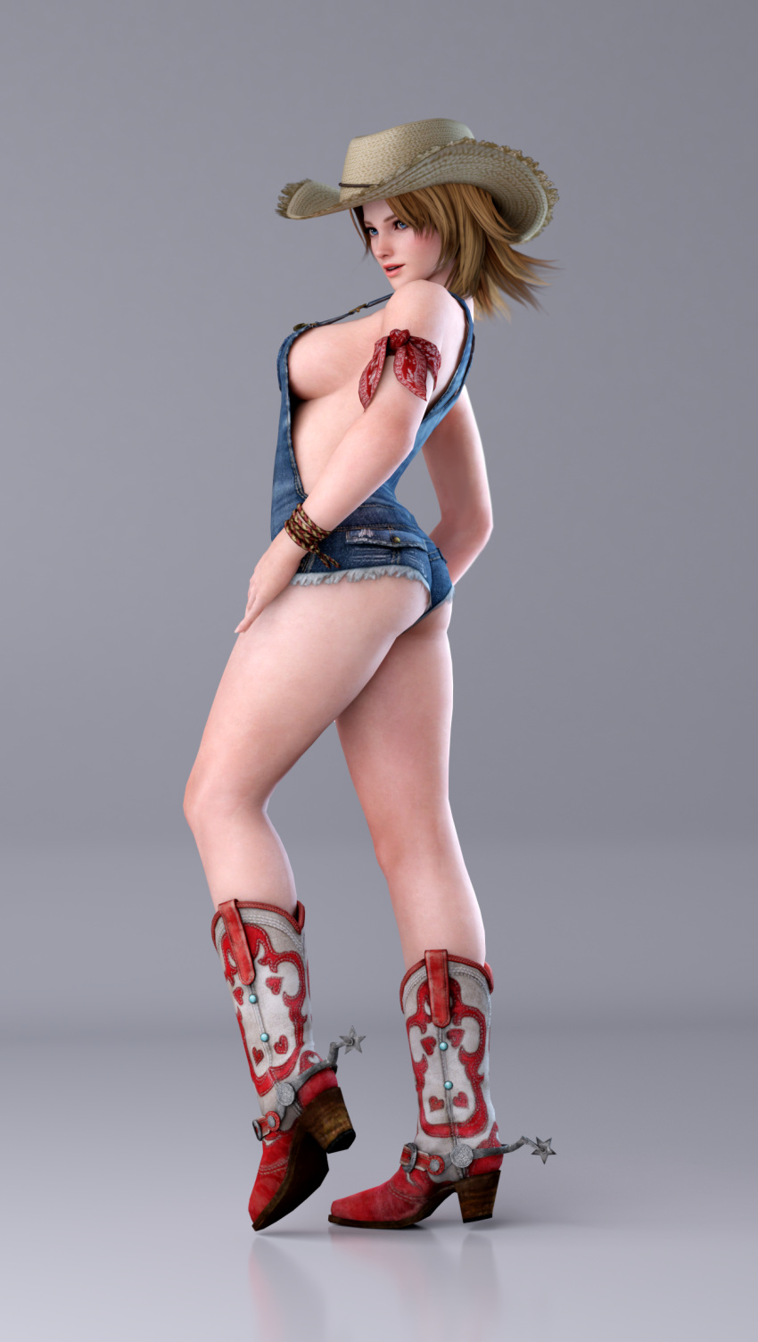 1girl 3d ass bangs bare_shoulders blonde_hair blue_eyes boots breasts commentary cowboy_boots dead_or_alive dead_or_alive_5 full_body grey_background hat highres huge_filesize looking_away medium_breasts naked_overalls overalls parted_lips sideboob simple_background solo standing straw_hat tina_armstrong