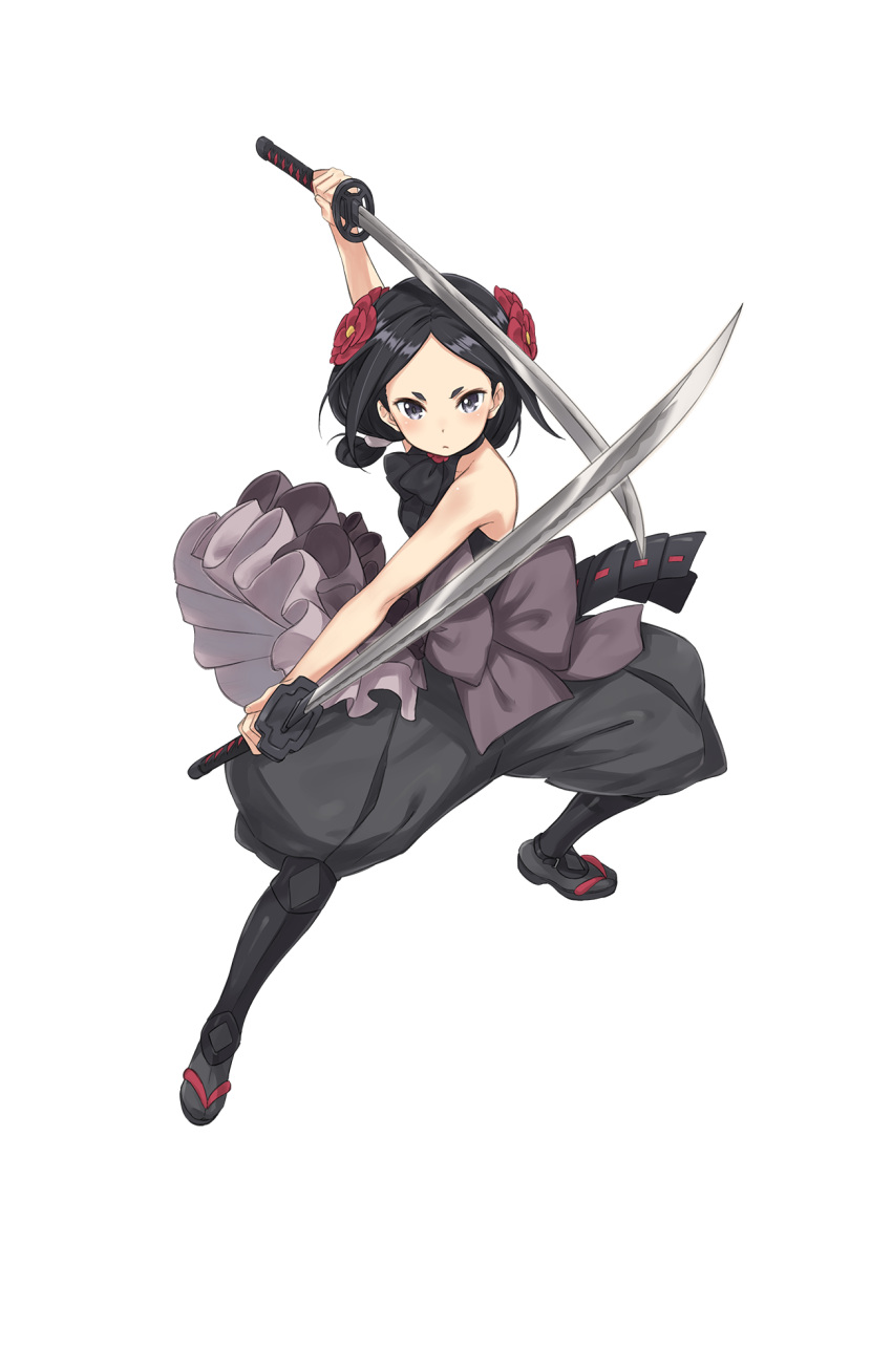 1girl black_eyes black_hair black_legwear dual_wielding fighting_stance flower full_body hair_flower hair_ornament highres holding holding_sword holding_weapon looking_at_viewer official_art princess_principal princess_principal_game_of_mission sandals short_hair solo sword toudou_chise weapon