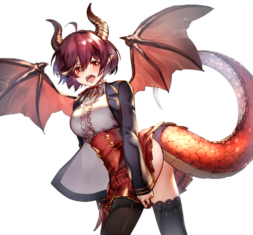 1girl absurdres ahoge ass black_legwear blouse blush breasts commentary_request cowboy_shot dragon_horns dragon_tail dragon_wings frills from_side granblue_fantasy grea_(shingeki_no_bahamut) highres horns looking_at_viewer neck_ribbon no_panties open_mouth plaid plaid_skirt pleated_skirt pointy_ears purple_hair red_eyes red_skirt ribbon short_hair skirt skirt_tug standing tail thigh-highs twisted_torso white_background white_blouse wings yurika0207 zettai_ryouiki