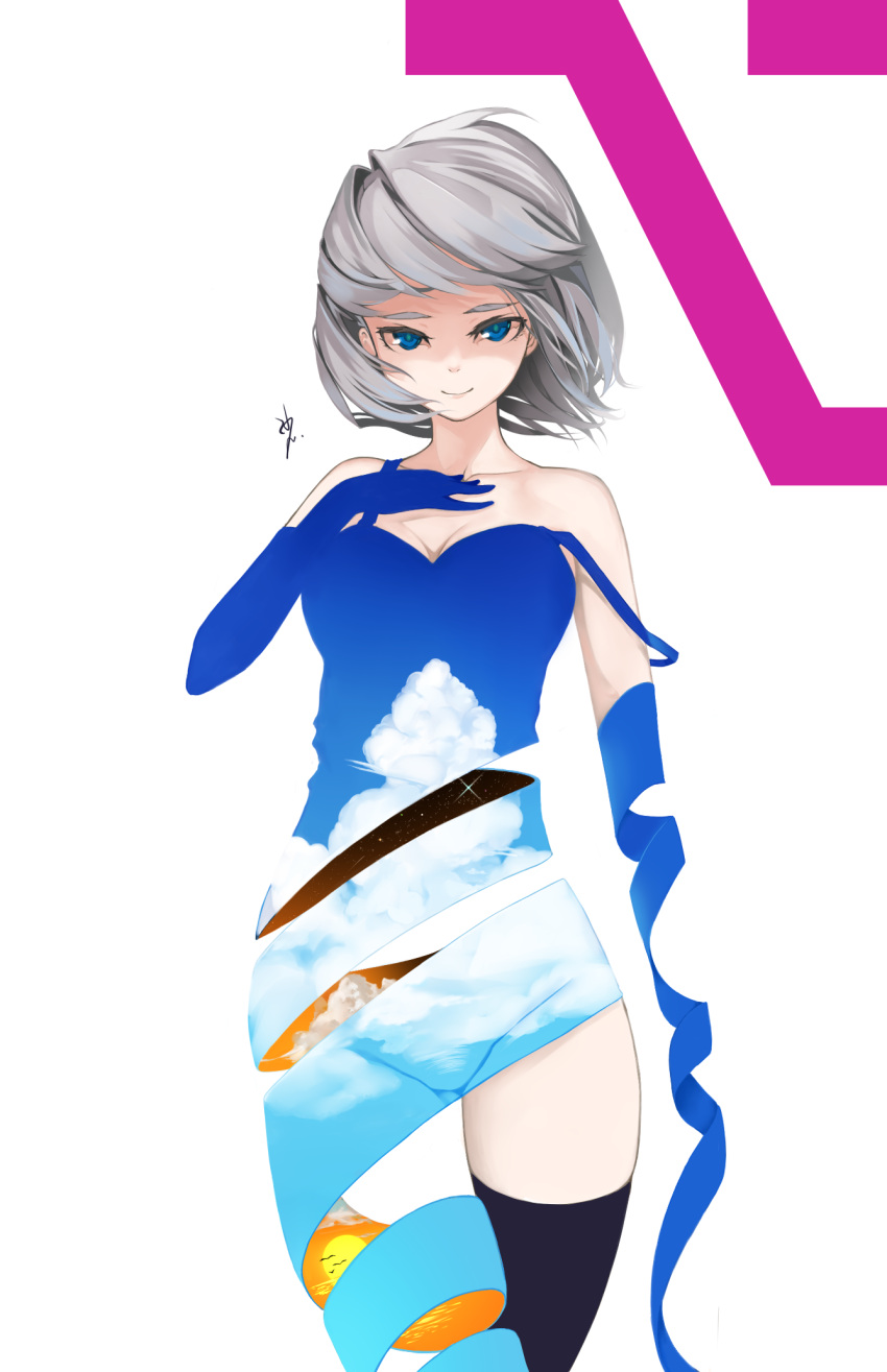 1girl bangs bare_shoulders bird blue_eyes blue_sky breasts closed_mouth clouds cloudy_sky commentary_request flock grey_hair highres large_breasts looking_at_viewer off_shoulder original short_hair signature simple_background sky smile solo standing sun sunset surreal thigh-highs white_background yes_warabi