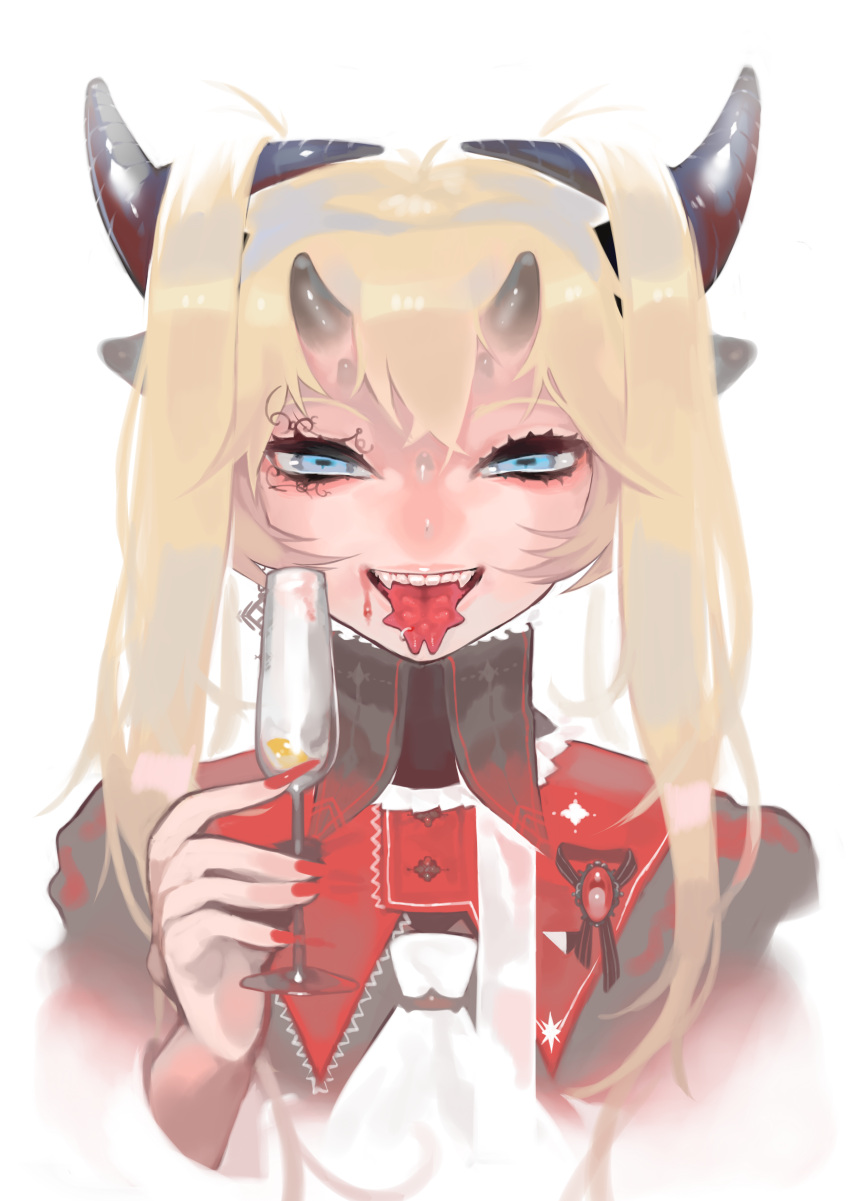 1girl absurdres aqua_eyes bangs blonde_hair blood blood_on_face cup dress drinking_glass evil_grin evil_smile fangs forked_tongue grin highres holding holding_drinking_glass horizontal_pupils horns long_hair looking_at_viewer multiple_horns open_mouth original portrait red_dress smile solo tongue turtleneck wntame